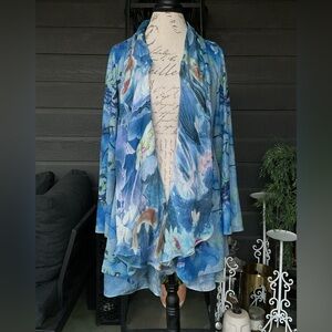 Soft Surroundings Asymmetrical Floral Double Layer Open Front Cardigan Duster M